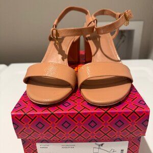 Tory Burch Laurel Ankle Strap Sandal Block Heel Nude Patent Leather 8